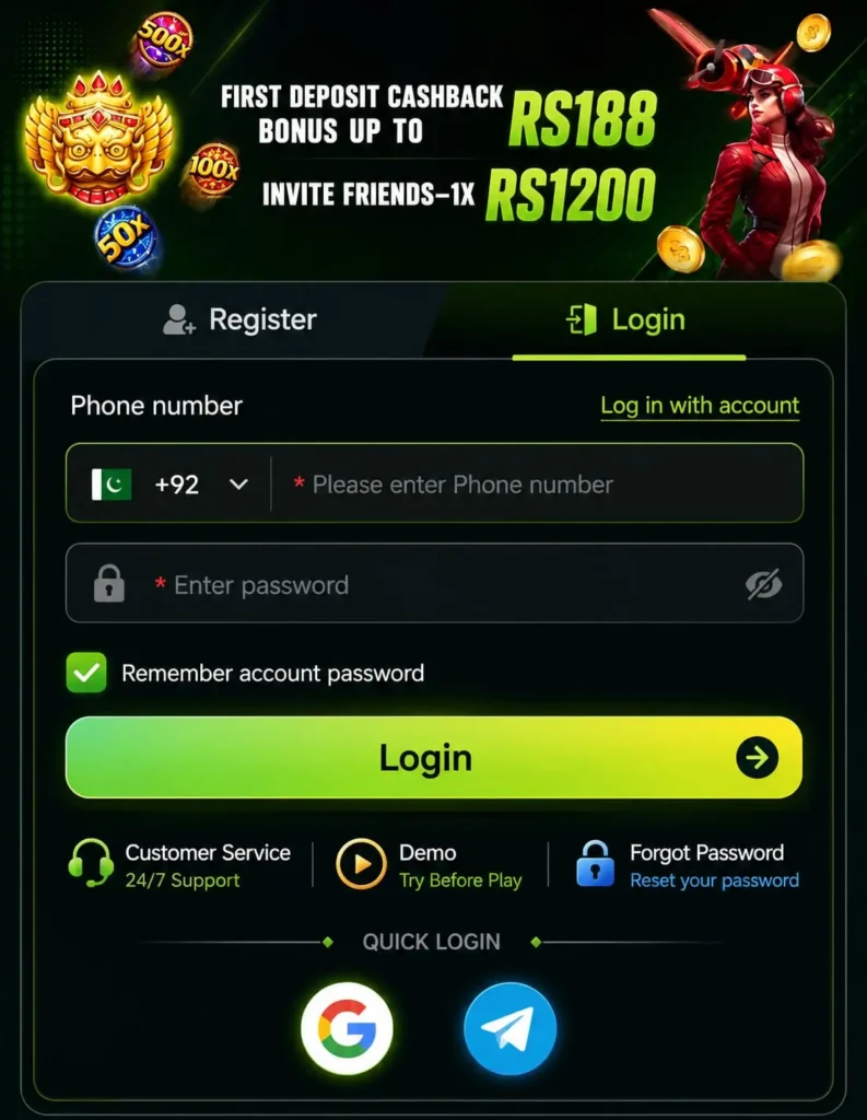 188PKR game account login with phone number verification field