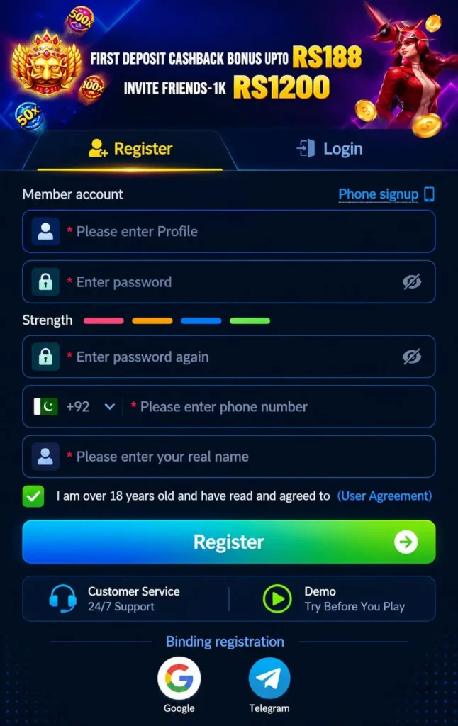188PKR game sign up form requiring profile name and phone number