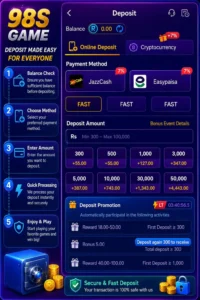 98S Game deposit screen showing JazzCash and Easypaisa payment options, deposit amount tiers, and bonus offers