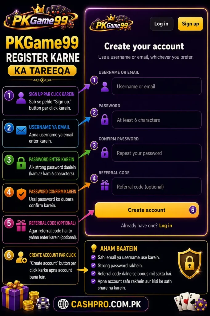 PKGame99 account registration guide with username, password, and referral steps