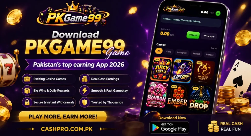 PKGame99 download banner highlighting casino games and real cash rewards