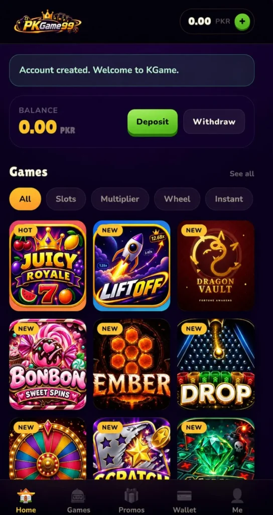 PKGame99 home screen showing balance and available games list