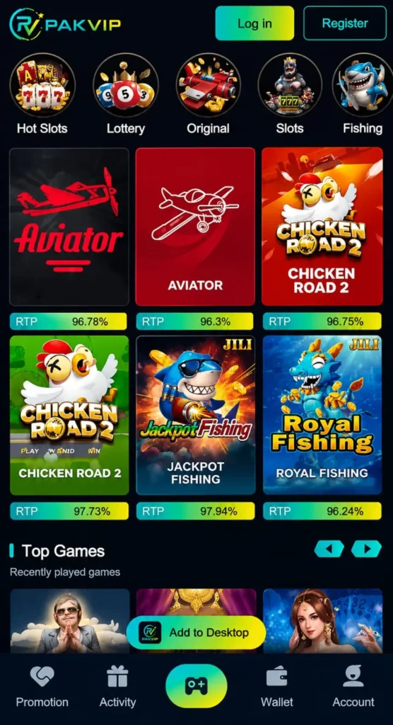 PakVip game lobby showing Aviator, Chicken Road, and fishing games