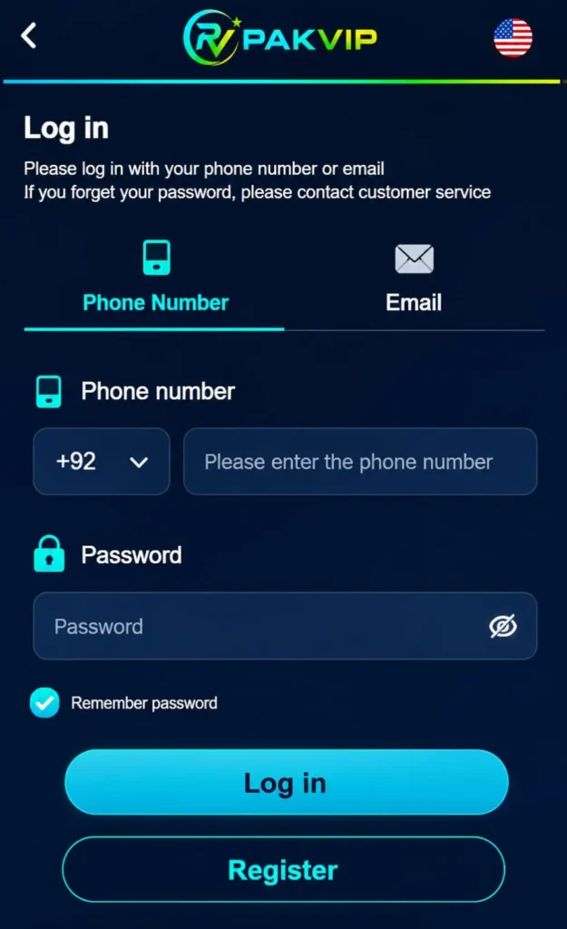 PakVip game login screen with phone number and password inputs