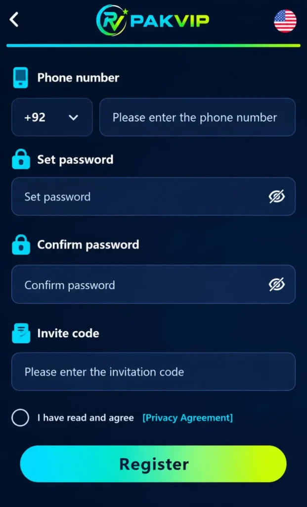 PakVip game registration screen with phone number and password fields
