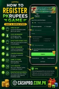 PkRupees Game registration screen with phone number and password